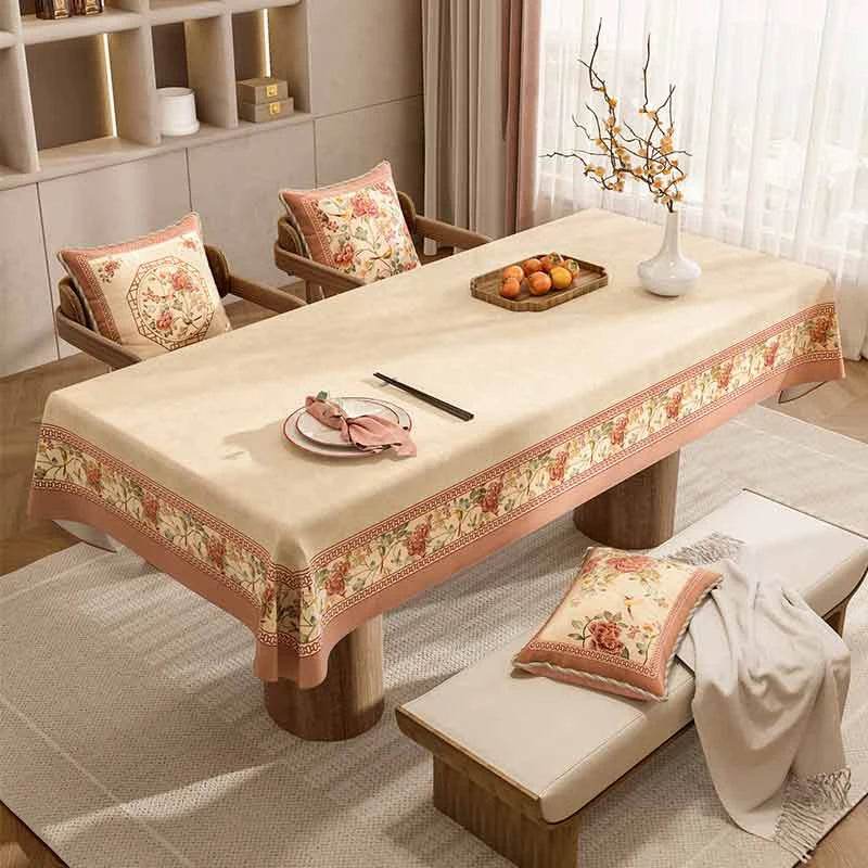 Chinoiserie Vintage Floral Country Style Powder Pink Rectangular Tablecloth - SinoCultural -- TC024WP85