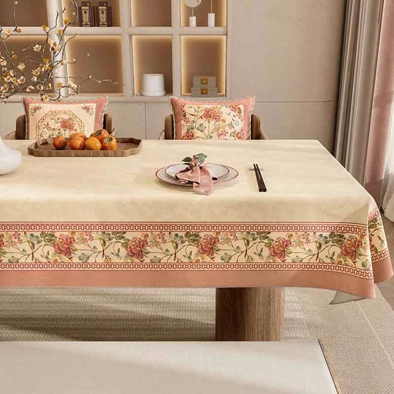 Chinoiserie Vintage Floral Country Style Powder Pink Rectangular Tablecloth - SinoCultural -- TC024WP85