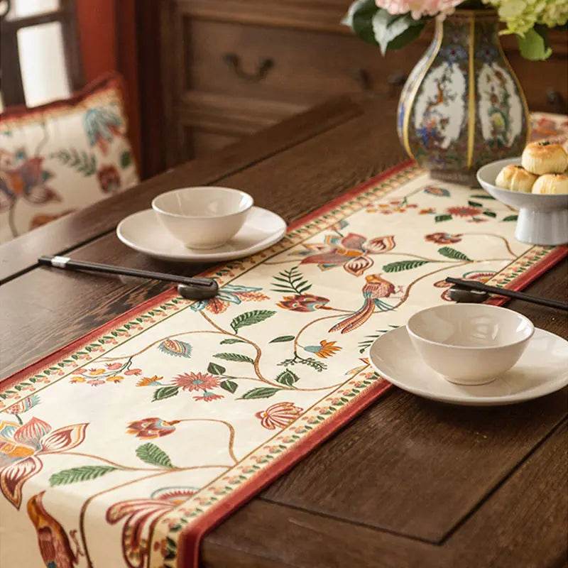 Chinoiserie Vintage Floral and Aviary Design Table Runner - SinoCultural -- TR011W160 -