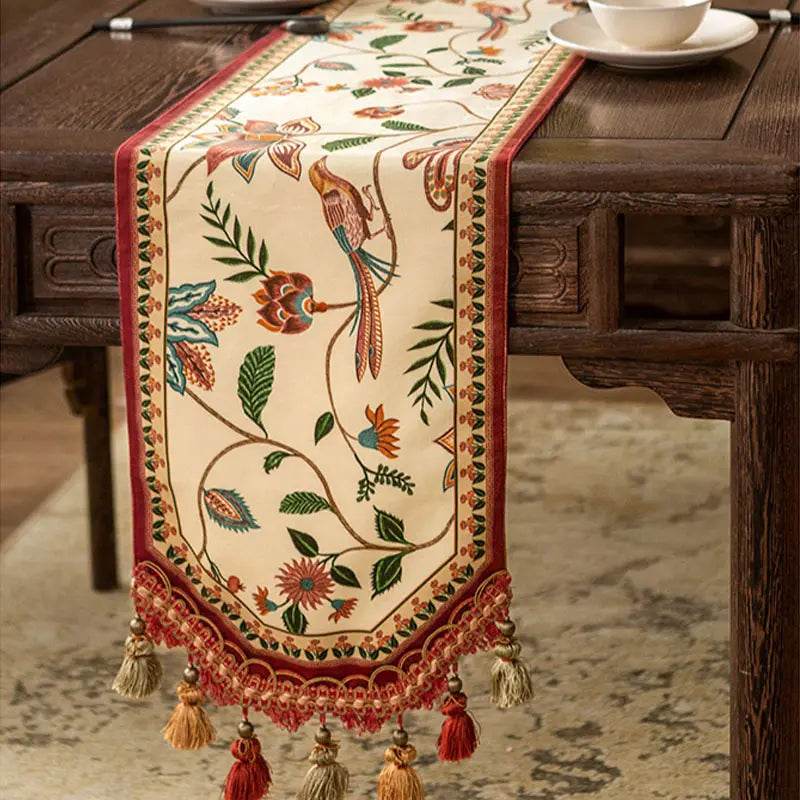 Chinoiserie Vintage Floral and Aviary Design Table Runner - SinoCultural -- TR011W160 -