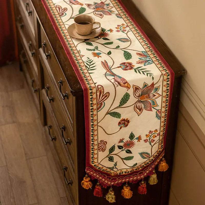Chinoiserie Vintage Floral and Aviary Design Table Runner - SinoCultural -- TR011W160 -