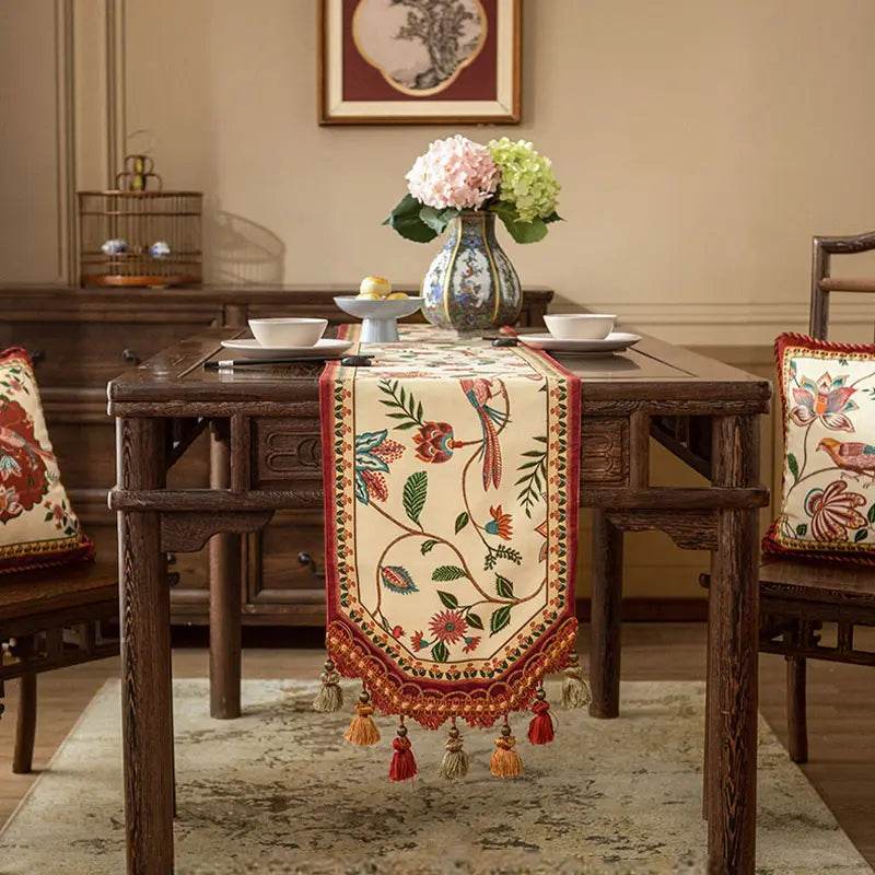 Chinoiserie Vintage Floral and Aviary Design Table Runner - SinoCultural -- TR011W160 -