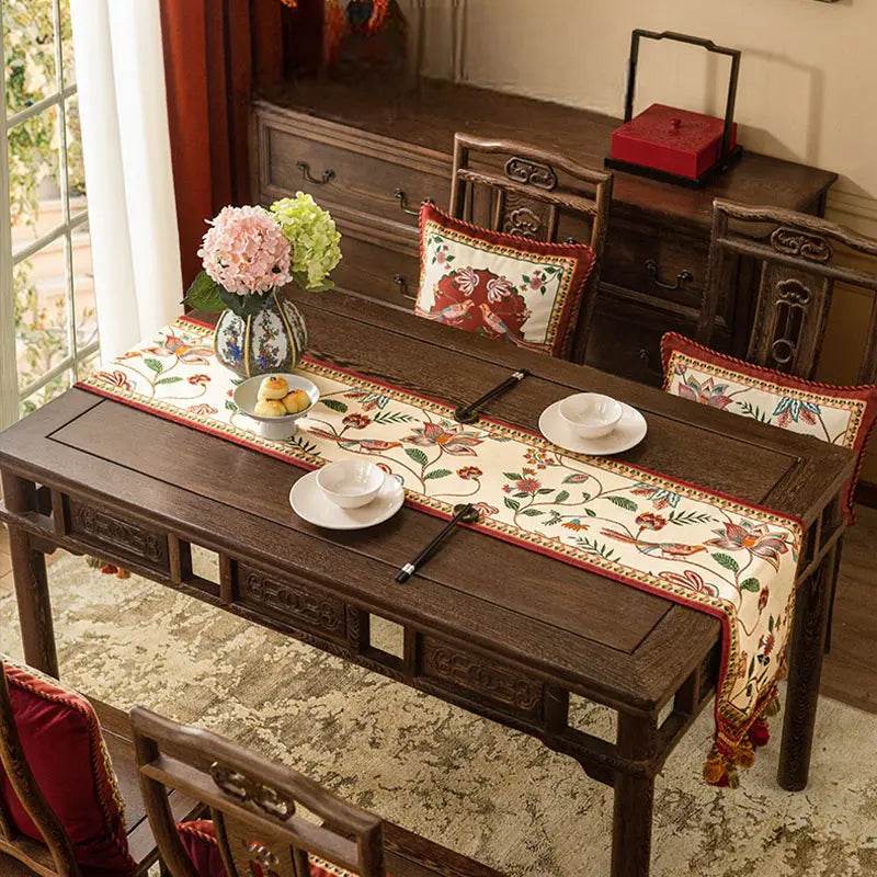 Chinoiserie Vintage Floral and Aviary Design Table Runner - SinoCultural -- TR011W160