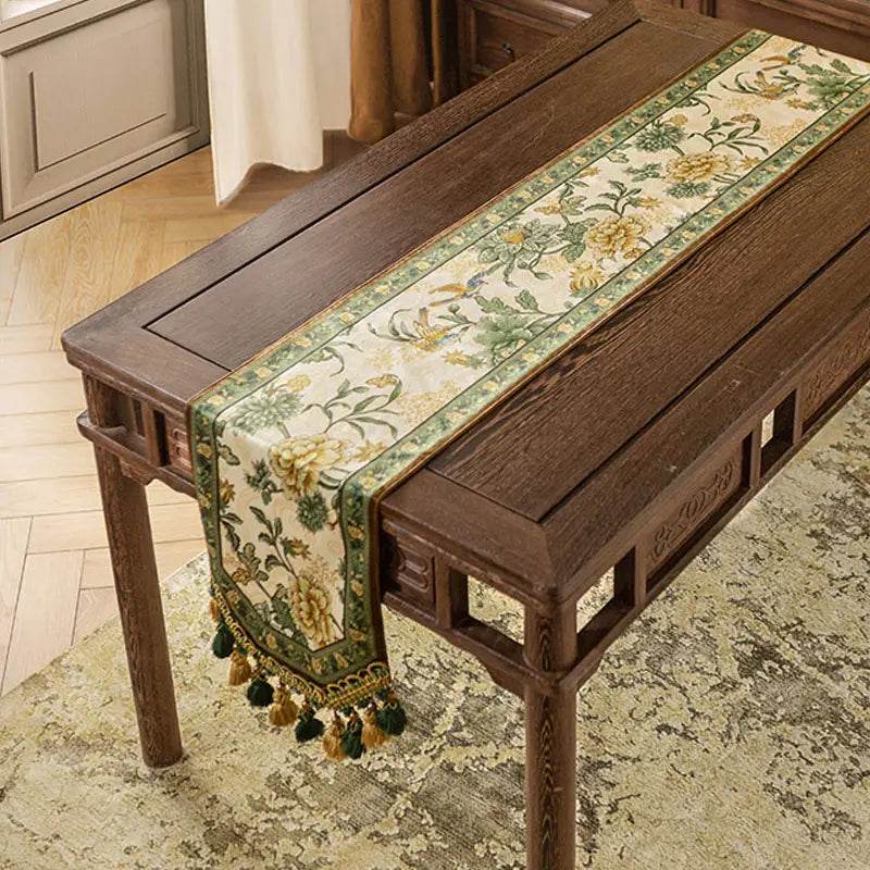 Chinoiserie Vintage Floral and Aviary Green Table Runner - SinoCultural -- TR016GN160