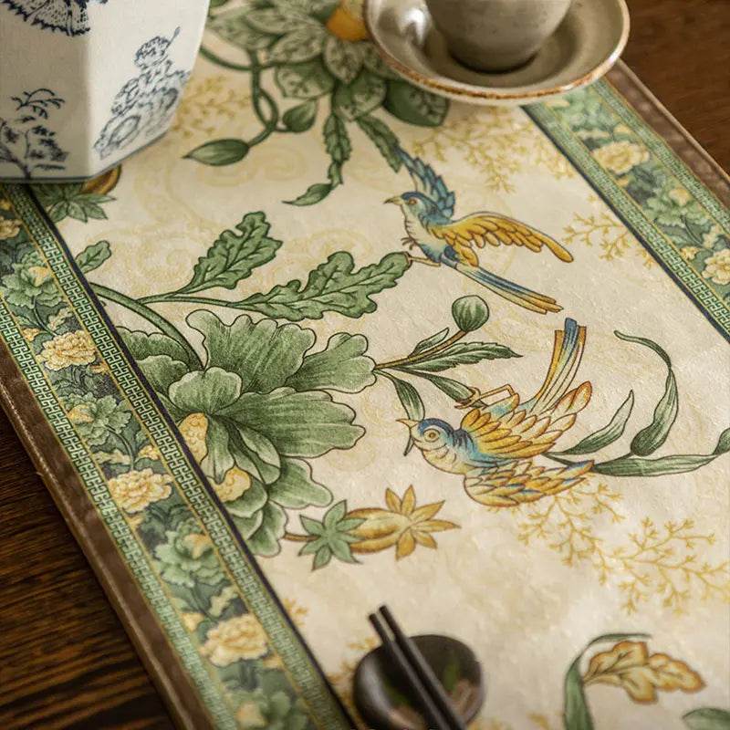 Chinoiserie Vintage Floral and Aviary Green Table Runner - SinoCultural -- TR016GN160 -