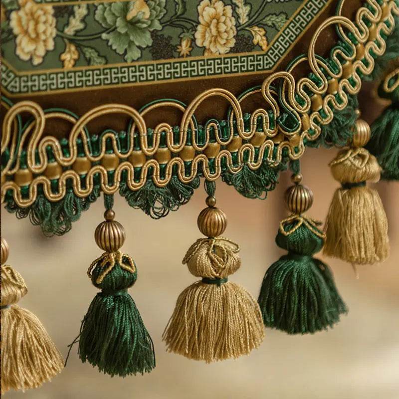 Chinoiserie Vintage Floral and Aviary Green Table Runner - SinoCultural -- TR016GN160 -