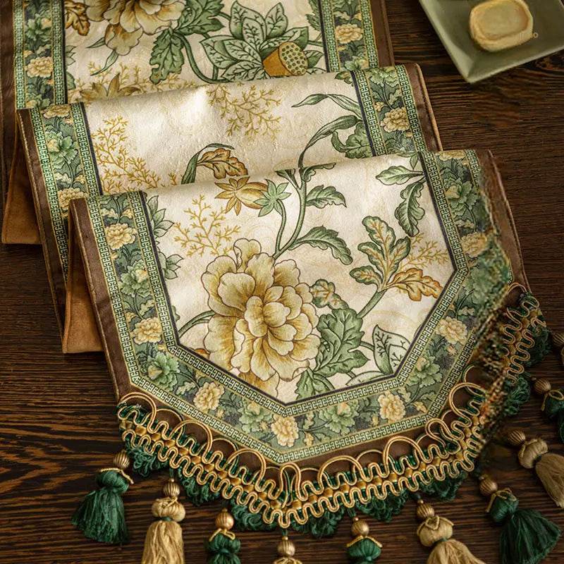 Chinoiserie Vintage Floral and Aviary Green Table Runner - SinoCultural -- TR016GN160 -