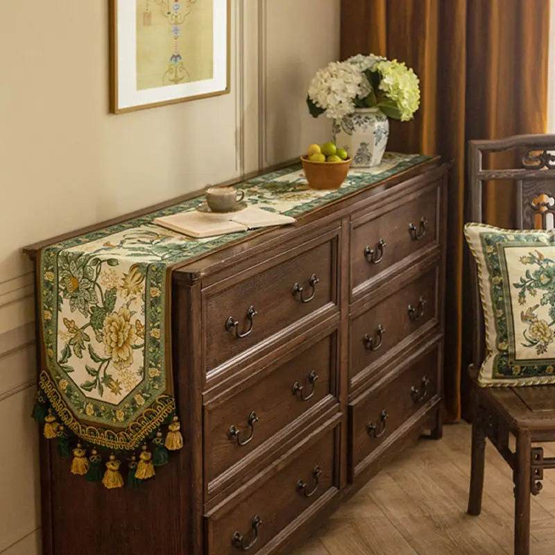Chinoiserie Vintage Floral and Aviary Green Table Runner - SinoCultural -- TR016GN160