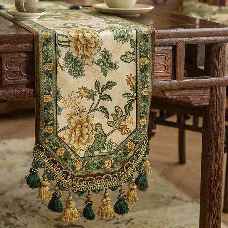 Chinoiserie Vintage Floral and Aviary Green Table Runner - SinoCultural -- TR016GN160 -