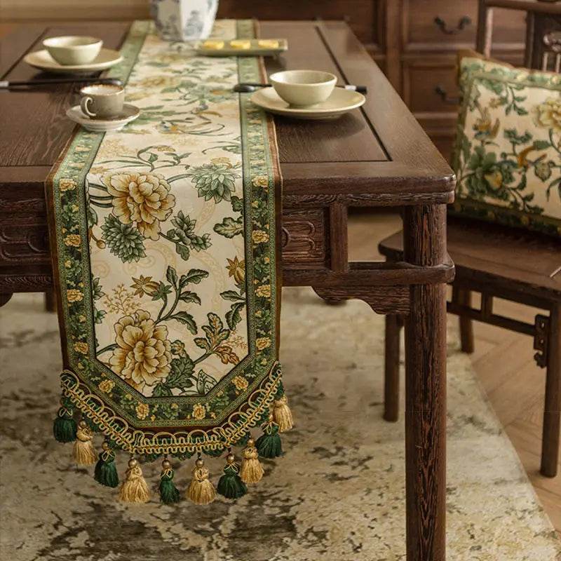 Chinoiserie Vintage Floral and Aviary Green Table Runner - SinoCultural -- TR016GN160 -