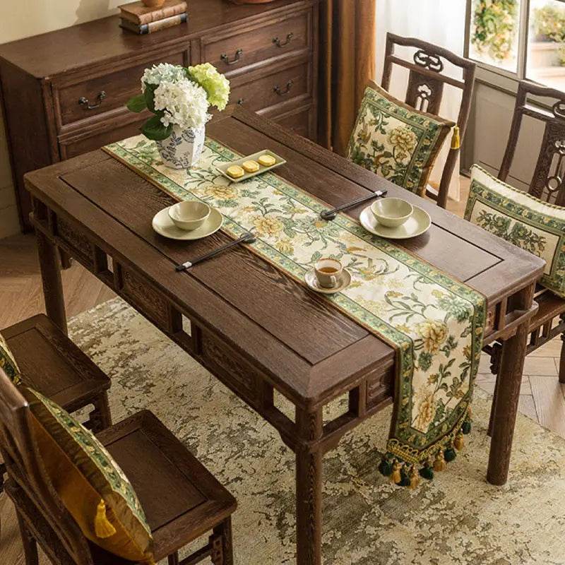 Chinoiserie Vintage Floral and Aviary Green Table Runner - SinoCultural -- TR016GN160 -