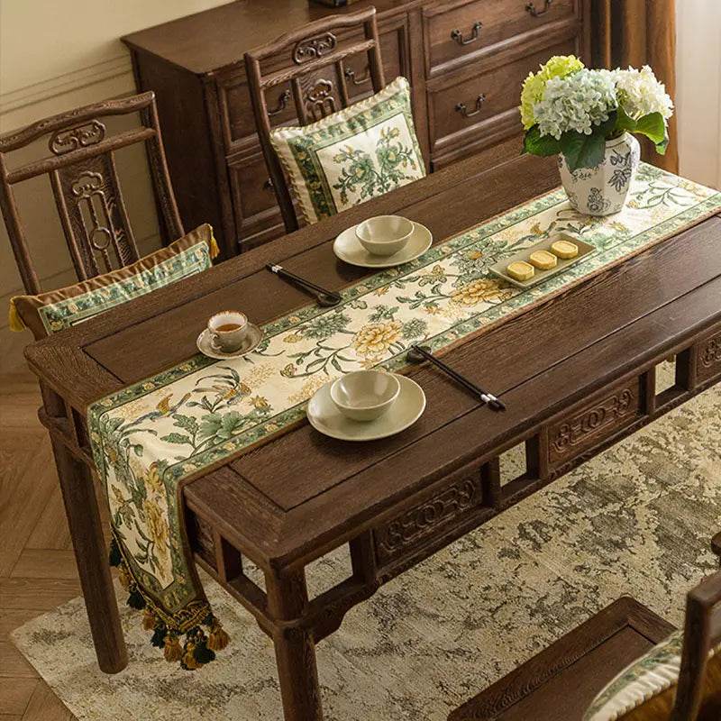 Chinoiserie Vintage Floral and Aviary Green Table Runner - SinoCultural -- TR016GN160