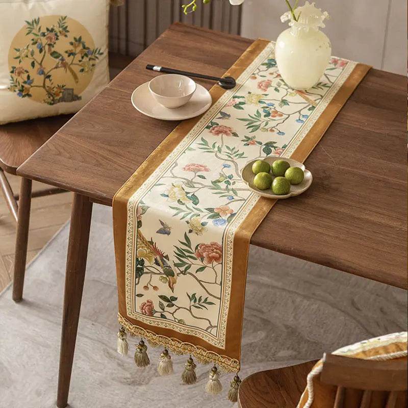 Chinoiserie Floral and Aviary Designer Orange Table Runner - SinoCultural -- TR019R160