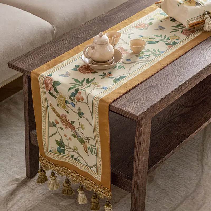 Chinoiserie Floral and Aviary Designer Orange Table Runner - SinoCultural -- TR019R160
