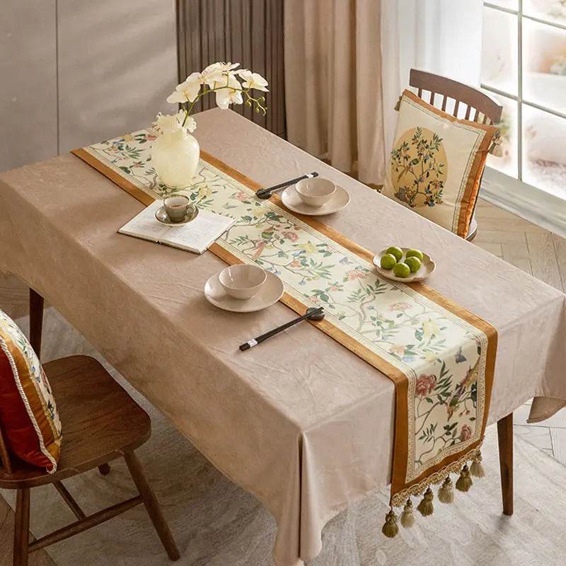 Chinoiserie Floral and Aviary Designer Orange Table Runner - SinoCultural -- TR019R160