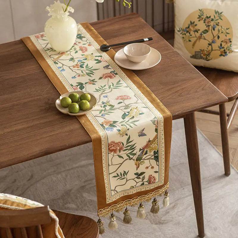 Chinoiserie Floral and Aviary Designer Orange Table Runner - SinoCultural -- TR019R160