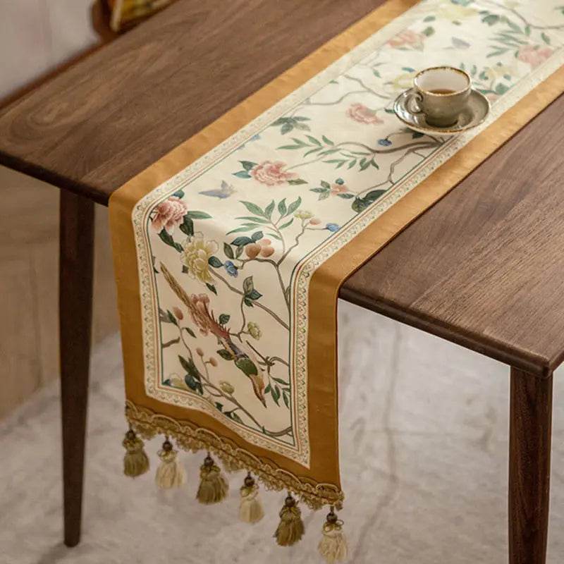 Chinoiserie Floral and Aviary Designer Orange Table Runner - SinoCultural -- TR019R160