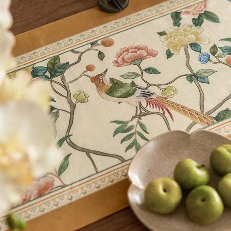 Chinoiserie Floral and Aviary Designer Orange Table Runner - SinoCultural -- TR019R160
