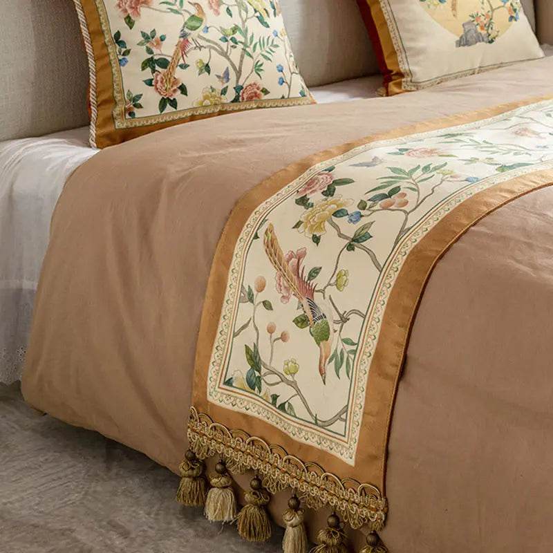 Chinoiserie Floral and Aviary Designer Orange Table Runner - SinoCultural -- TR019R160
