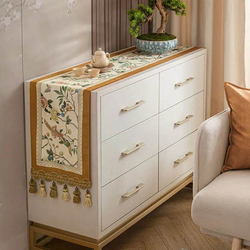 Chinoiserie Floral and Aviary Designer Orange Table Runner - SinoCultural -- TR019R160