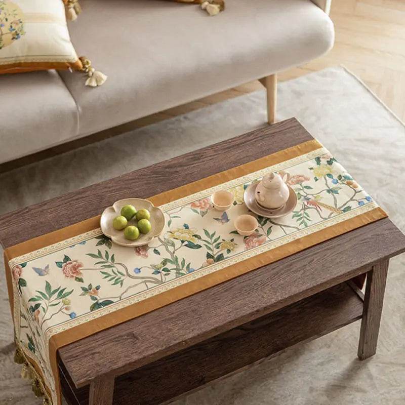 Chinoiserie Floral and Aviary Designer Orange Table Runner - SinoCultural -- TR019R160