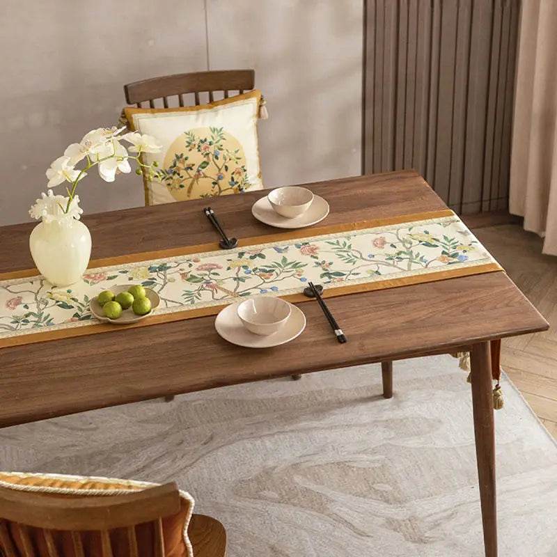 Chinoiserie Floral and Aviary Designer Orange Table Runner - SinoCultural -- TR019R160