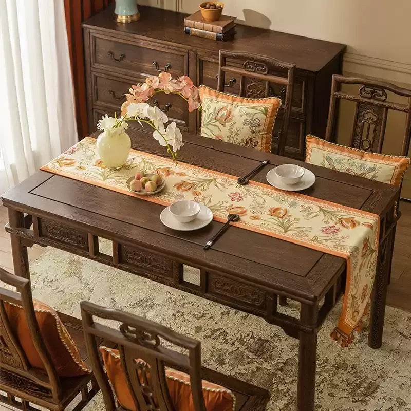 Chinoiserie Vintage Floral and Aviary Orange Table Runner - SinoCultural -- TR020W160
