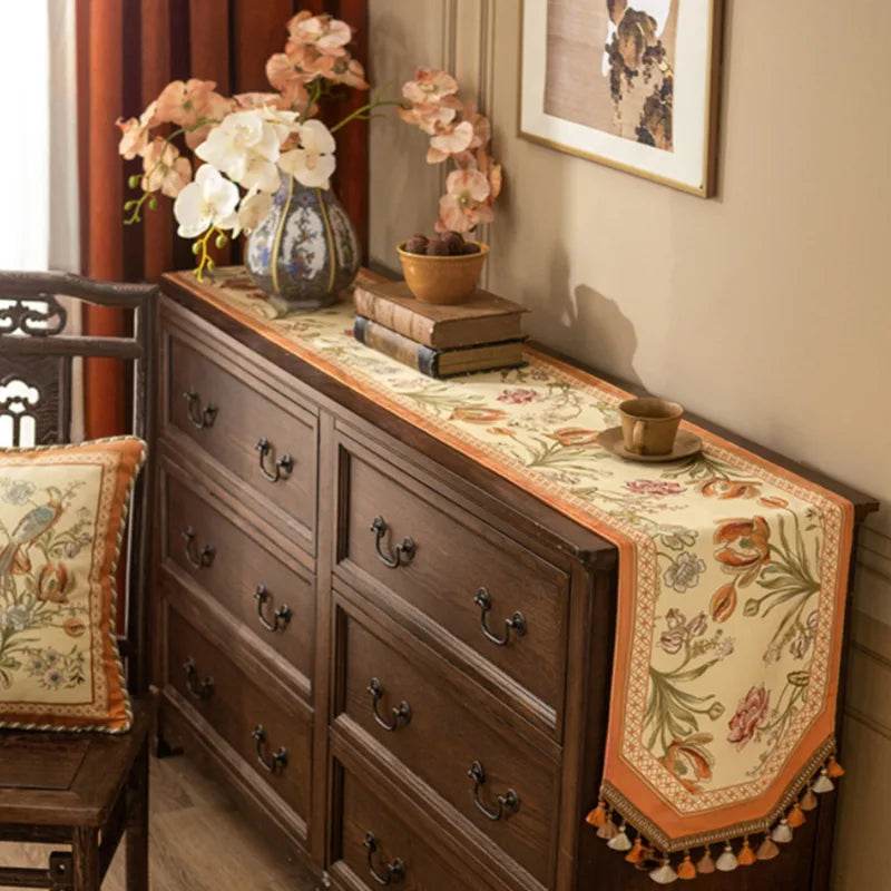 Chinoiserie Vintage Floral and Aviary Orange Table Runner - SinoCultural -- TR020W160