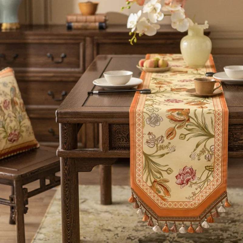 Chinoiserie Vintage Floral and Aviary Orange Table Runner - SinoCultural -- TR020W160 -
