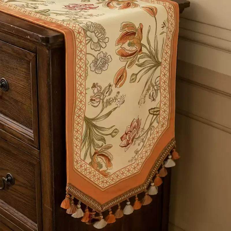 Chinoiserie Vintage Floral and Aviary Orange Table Runner - SinoCultural -- TR020W160 -
