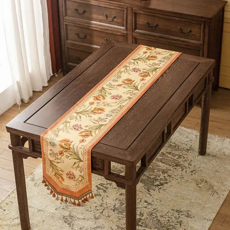 Chinoiserie Vintage Floral and Aviary Orange Table Runner - SinoCultural -- TR020W160