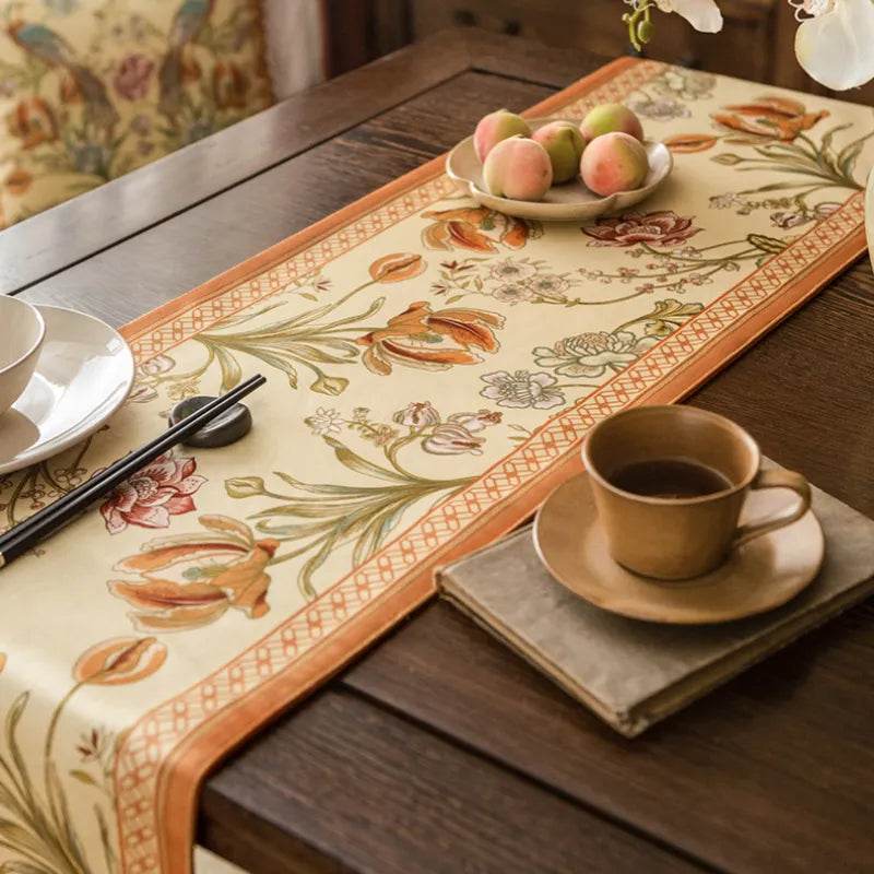 Chinoiserie Vintage Floral and Aviary Orange Table Runner - SinoCultural -- TR020W160 -