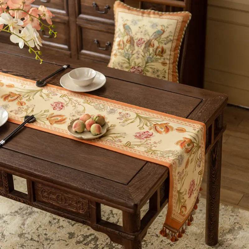 Chinoiserie Vintage Floral and Aviary Orange Table Runner - SinoCultural -- TR020W160 -