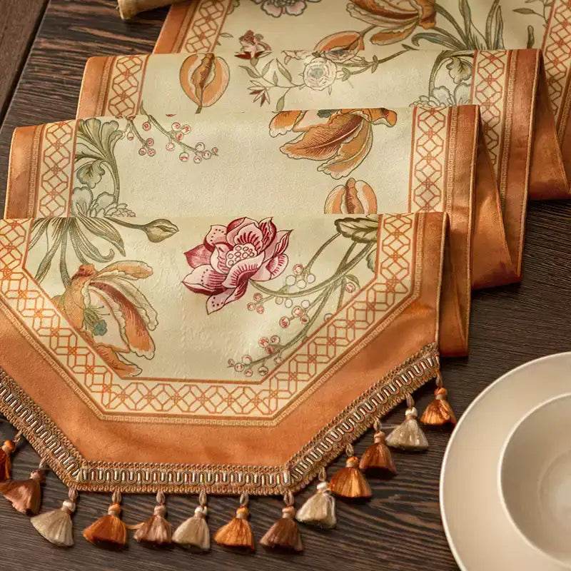 Chinoiserie Vintage Floral and Aviary Orange Table Runner - SinoCultural -- TR020W160 -