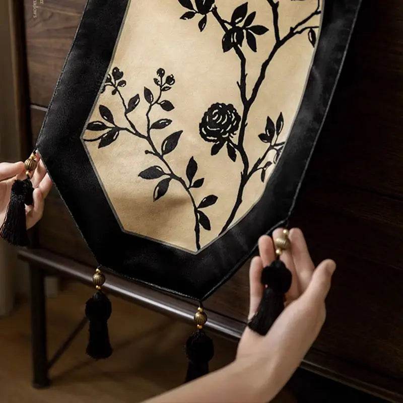 Chinoiserie Vintage Ink Flower and Bird Table Runner - SinoCultural -- TR002W160 -