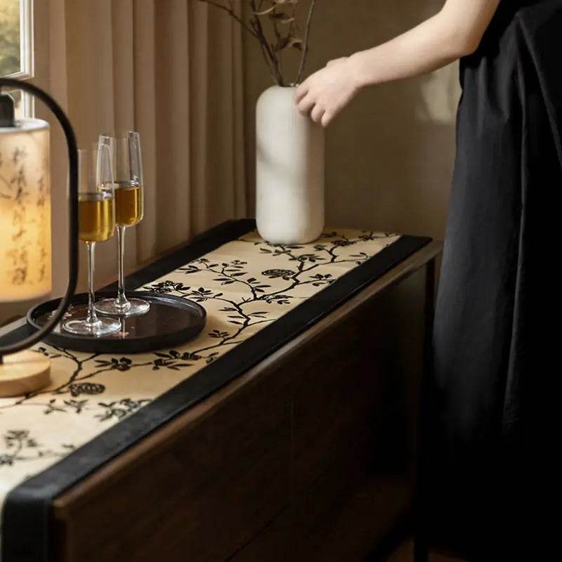 Chinoiserie Vintage Ink Flower and Bird Table Runner - SinoCultural -- TR002W160 -