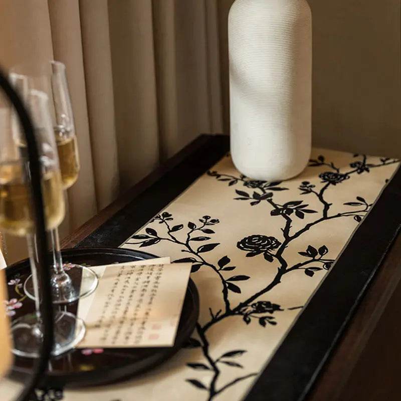 Chinoiserie Vintage Ink Flower and Bird Table Runner - SinoCultural -- TR002W160 -