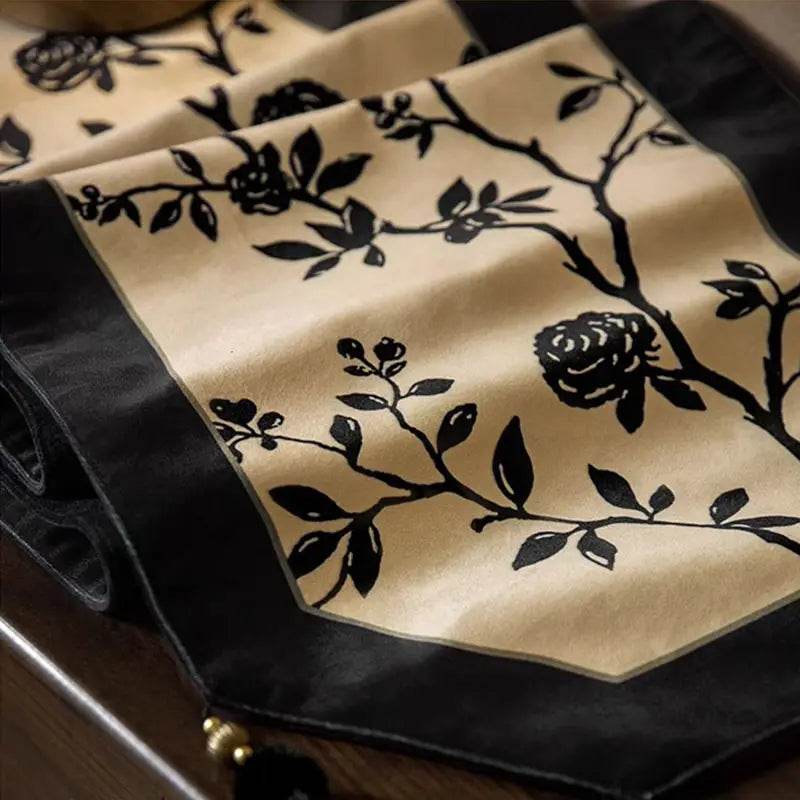 Chinoiserie Vintage Ink Flower and Bird Table Runner - SinoCultural -- TR002W160 -