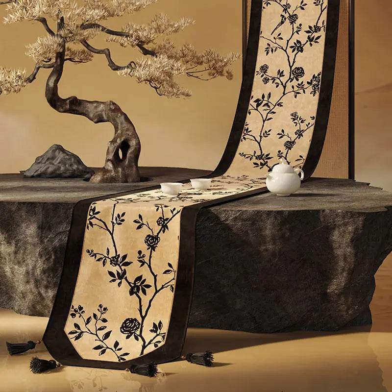 Chinoiserie Vintage Ink Flower and Bird Table Runner - SinoCultural -- TR002W160