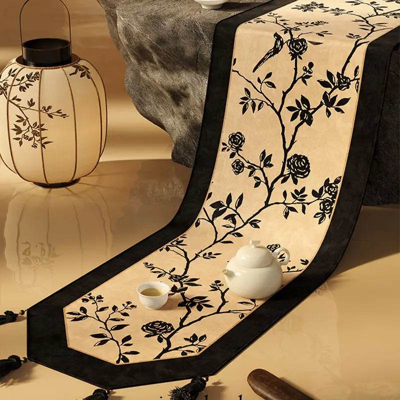 Chinoiserie Vintage Ink Flower and Bird Table Runner - SinoCultural -- TR002W160