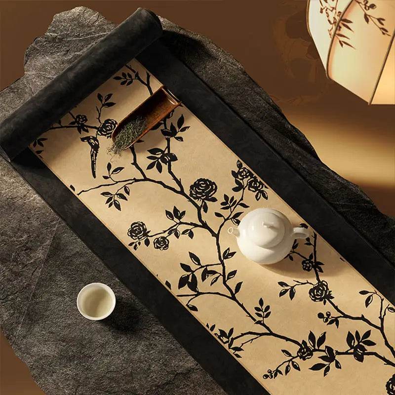 Chinoiserie Vintage Ink Flower and Bird Table Runner - SinoCultural -- TR002W160 -