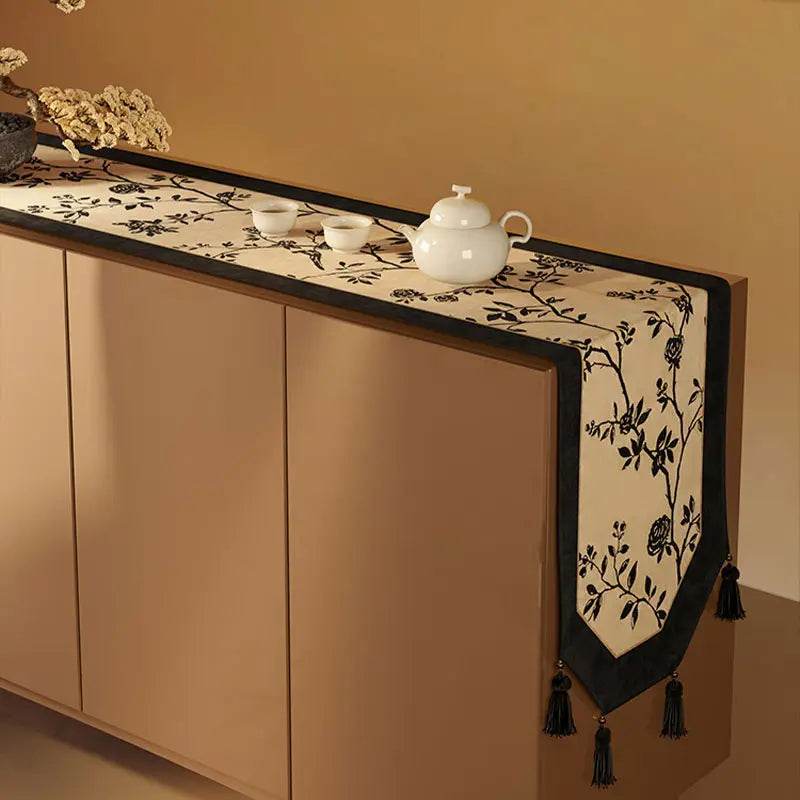 Chinoiserie Vintage Ink Flower and Bird Table Runner - SinoCultural -- TR002W160 -