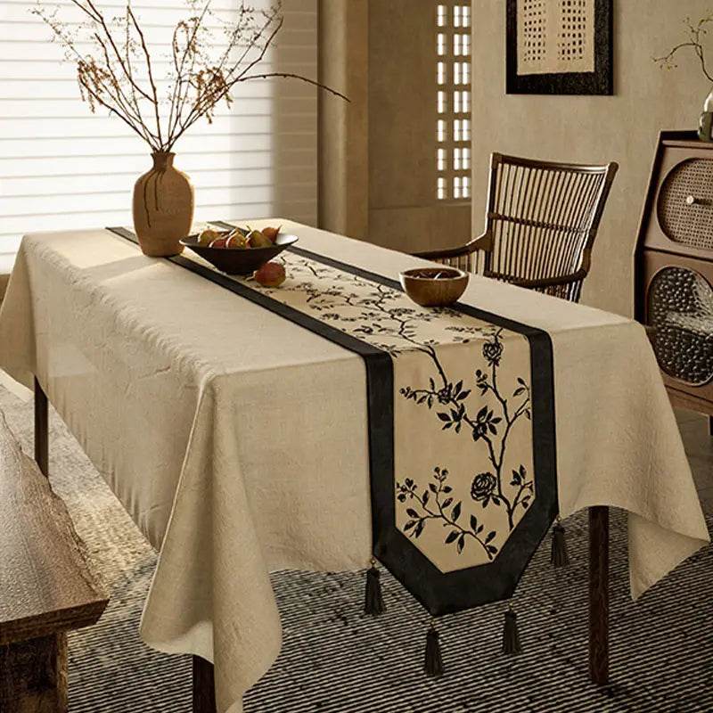 Chinoiserie Vintage Ink Flower and Bird Table Runner - SinoCultural -- TR002W160 -