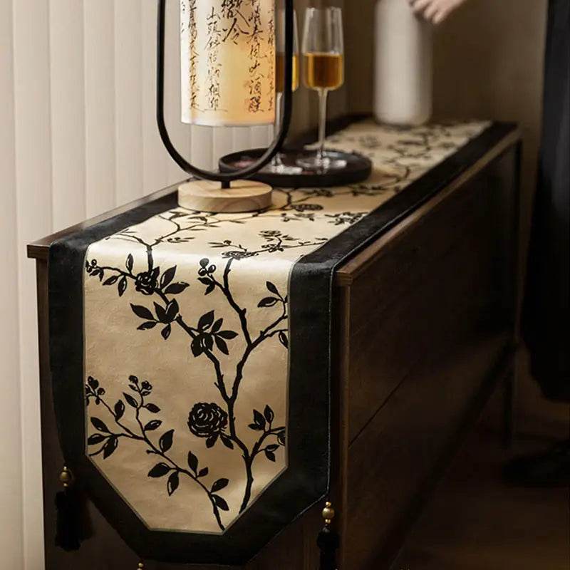 Chinoiserie Vintage Ink Flower and Bird Table Runner - SinoCultural -- TR002W160 -
