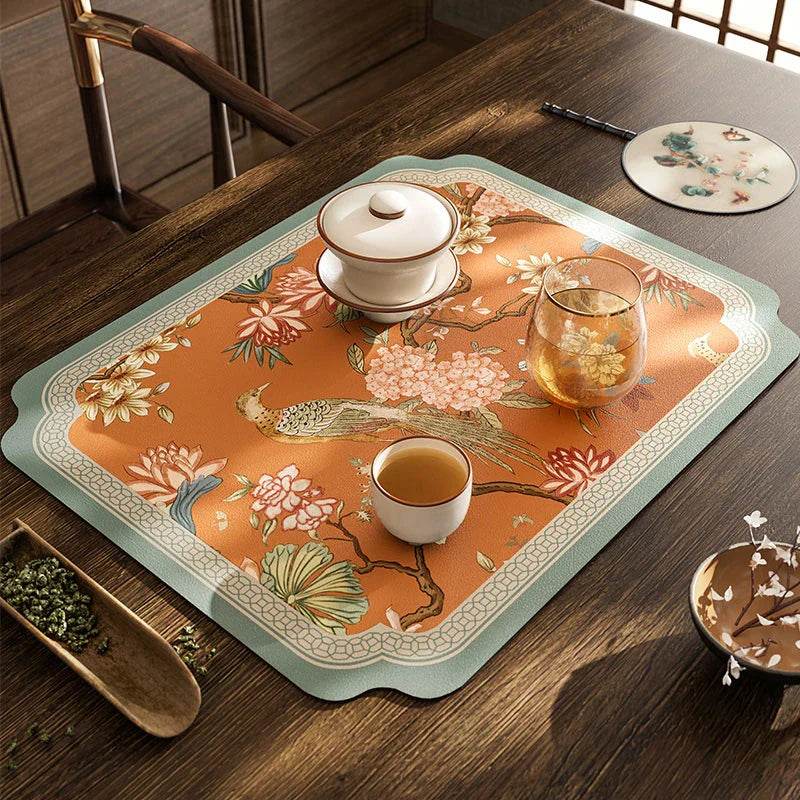 Chinoiserie Vintage Leather Mountain Hydrangea Table Mat - SinoCultural -- TM003A1515