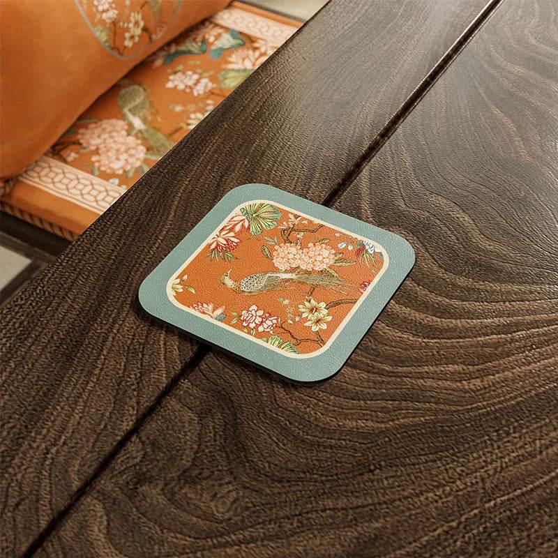 Chinoiserie Vintage Leather Mountain Hydrangea Table Mat - SinoCultural -- TM003A1515