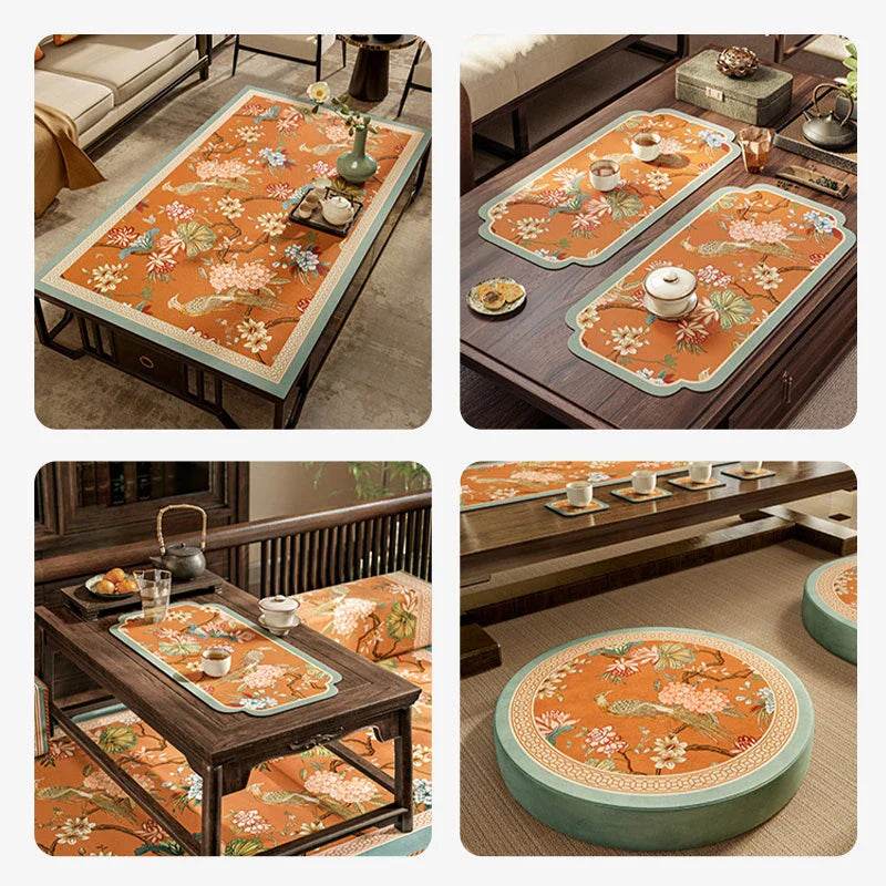 Chinoiserie Vintage Leather Mountain Hydrangea Table Mat - SinoCultural -- TM003A1515