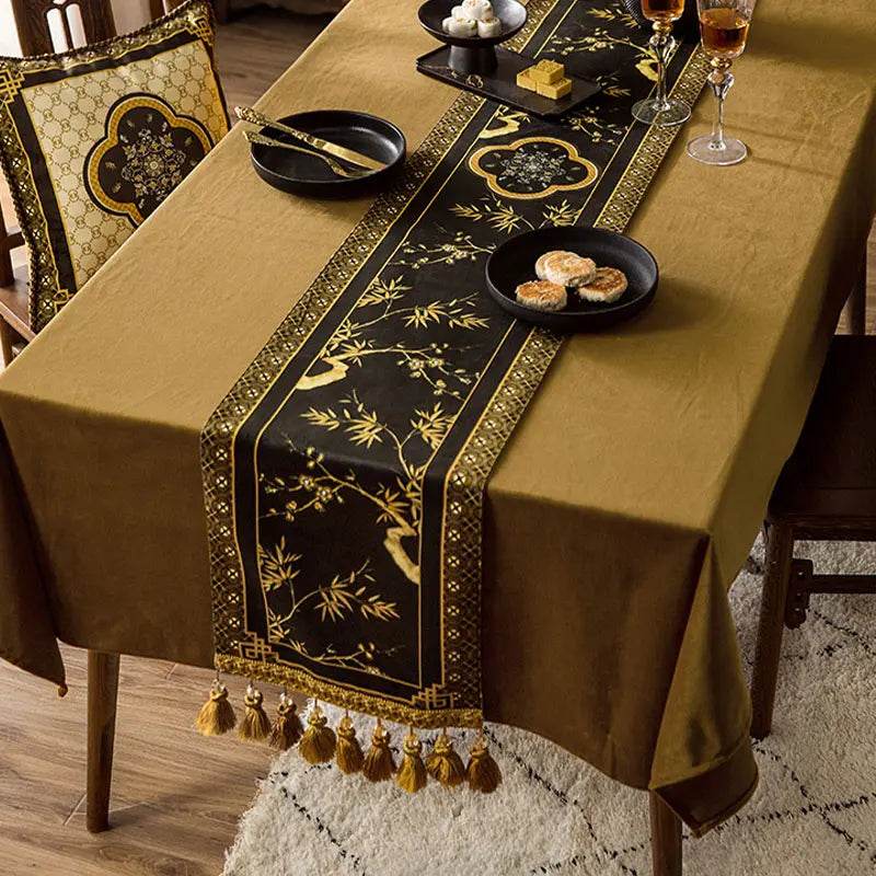 Chinoiserie Vintage Luxury High-End Black Table Runner - SinoCultural -- TR017BK160