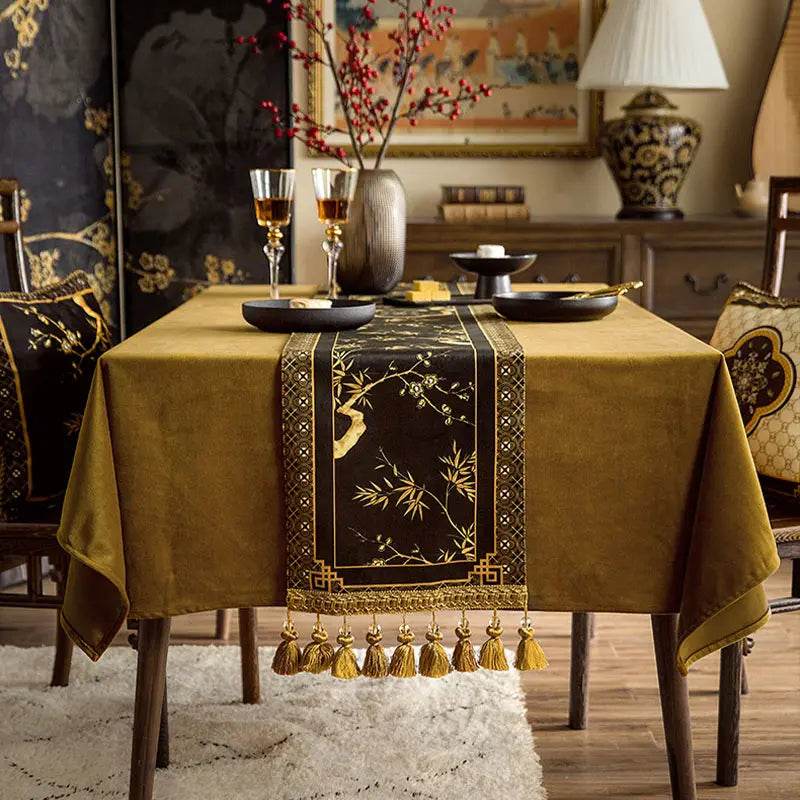 Chinoiserie Vintage Luxury High-End Black Table Runner - SinoCultural -- TR017BK160 -