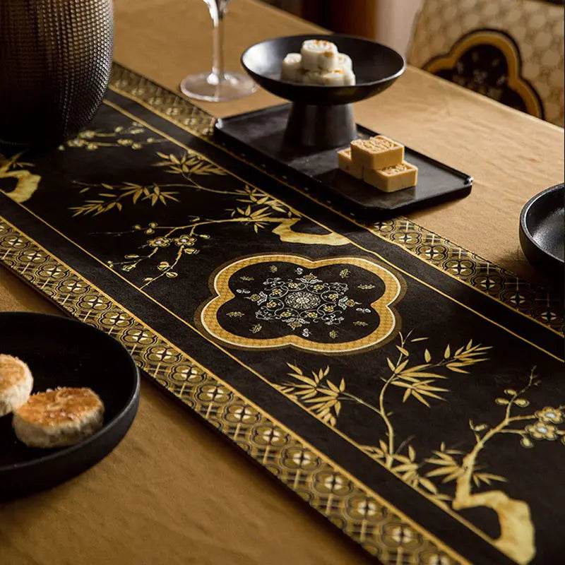 Chinoiserie Vintage Luxury High-End Black Table Runner - SinoCultural -- TR017BK160 -